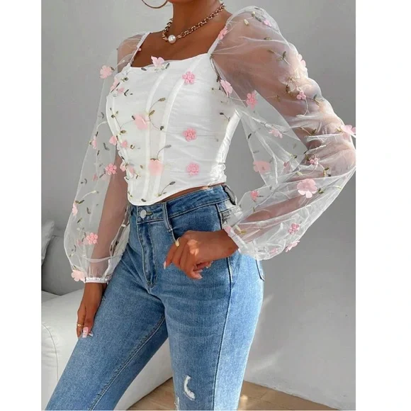 Contrast Mesh Floral Top ❤️ - Picture 3 of 3